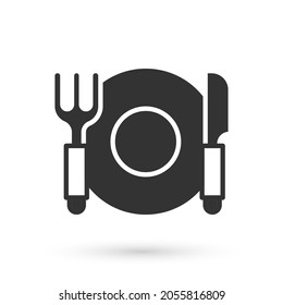 Placa gris, bifurcación e icono de cuchillo aislado en fondo blanco. Símbolo de cubiertos. Señal de restaurante.  Vector