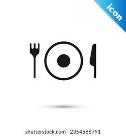Placa gris, bifurcación e icono de cuchillo aislado en fondo blanco. Símbolo de cubiertos. Señal de restaurante.  Vector