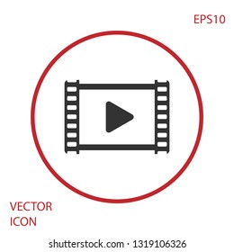 Grey Play Video icon isolated on white background. Film strip with play sign. Red circle button. Vector Illustration