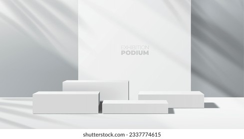 Fondo de podio gris, plataformas de visualización de productos o escena escénica con sombra de hojas vectoriales. Estudio de podio gris, pedestal de la sala de exposición con luz en la pared, fondo de podio de caja cuadrada