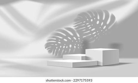 Grey podium mockup. Cosmetics product presentation square stand, studio showroom platform base or showcase mockup scene realistic vector backdrop. Gallery empty space with monstera leaves shadow