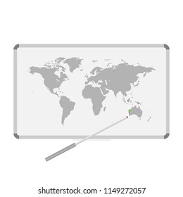 Grey pointer pointing Australia on the world map. White board. Vector isolated illustration.