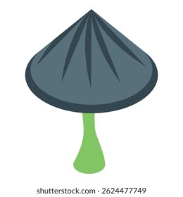 Grey poisonous mushroom with a conical cap and a thin stem is growing from the ground