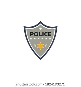Grey police badge with sheriff star symbol - cartoon emblem sign for policeman uniform or costume isolated on white background. Vector illustration.
