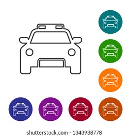 Grey Police car and police flasher line icon isolated on white background. Emergency flashing siren. Vector Illustration