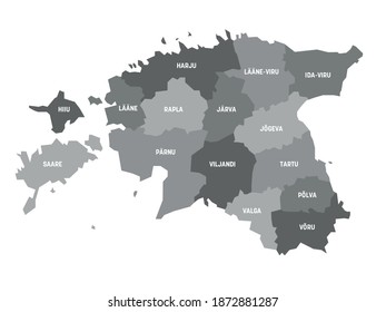 Gris mapa político de Estonia. Divisiones administrativas - condados. Mapa simple de vector plano con etiquetas.