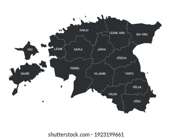 Gris mapa político de Estonia. Divisiones administrativas - condados. Mapa simple de vector plano con etiquetas.