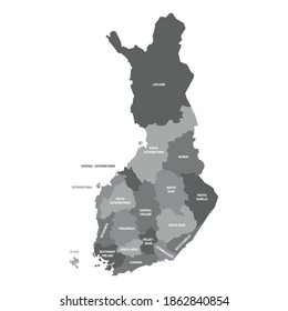 Mapa político gris de Finlandia. Divisiones administrativas - regiones. Mapa simple de vector plano con etiquetas.