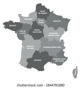 Grey political map of France. Administrative divisions - metropolitan regions. Simple flat vector map with labels.