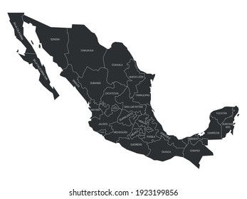 Grey political map of Mexico. Administrative divisions - states. Simple flat vector map with labels.