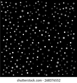 Grey polka dots of different shades and sizes in random pattern on black background - vector illustration. 