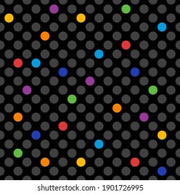 grey polka dots with rainbow colored elements, vector seamless pattern with black background