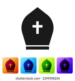 Grey Pope hat icon isolated on white background. Christian hat sign. Set icon in color square buttons. Vector Illustration