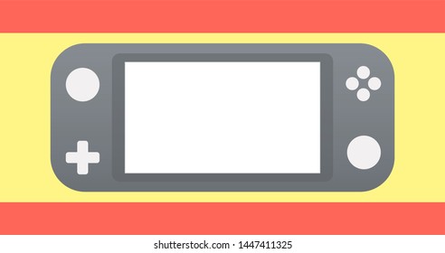 Grey portable video game Console, handheld gadget for Video Gaming on red and yellow abstract background. Vector Illustration for design, apps and web.  Mock up