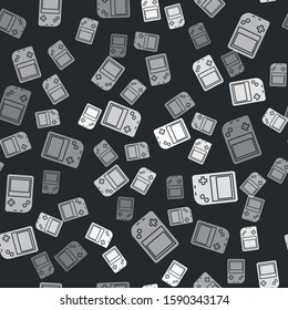 Grey Portable video game console icon isolated seamless pattern on black background. Gamepad sign. Gaming concept.  Vector Illustration