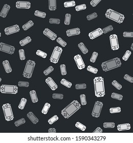 Grey Portable video game console icon isolated seamless pattern on black background. Gamepad sign. Gaming concept.  Vector Illustration