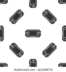 Grey Portable video game console icon isolated seamless pattern on white background. Gamepad sign. Gaming concept.  Vector Illustration