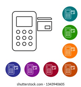 Grey Pos terminal with inserted credit card line icon isolated on white background. Payment terminal transaction. Vector Illustration