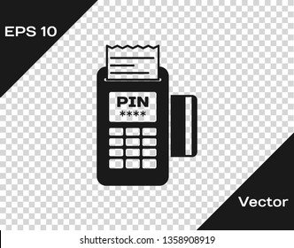 Grey POS terminal with inserted credit card and printed reciept icon isolated on transparent background. NFC payment concept. Vector Illustration