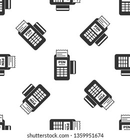 Grey POS terminal with inserted credit card and printed reciept icon isolated seamless pattern on white background. NFC payment concept. Vector Illustration
