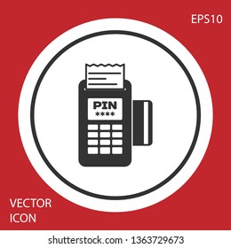 Grey POS terminal with inserted credit card and printed reciept icon isolated on red background. NFC payment concept. Circle button. Vector Illustration