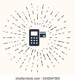 Grey Pos terminal with inserted credit card icon isolated on beige background. Payment terminal transaction. Abstract circle random dots. Vector Illustration