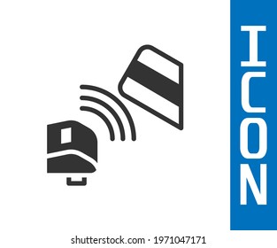 Grey POS terminal with inserted credit card and printed reciept icon isolated on white background. NFC payment concept.  Vector