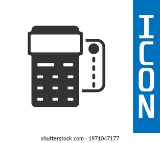 Grey POS terminal with inserted credit card and printed reciept icon isolated on white background. NFC payment concept.  Vector