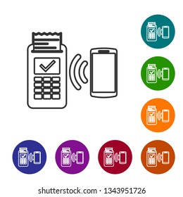 Grey POS terminal with printed reciept and confirms the payment by smartphone line icon isolated on white background. NFC payment concept. Vector Illustration