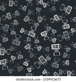 Grey POS terminal with printed reciept and confirms the payment by smartphone icon isolated seamless pattern on black background. NFC payment concept.  Vector Illustration