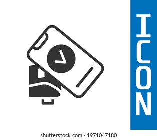 Grey POS terminal with printed reciept and confirms the payment by smartphone icon isolated on white background. NFC payment concept.  Vector