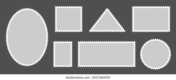 Grey postage stamp set. Post stamp frames or borders. Gray round, rectangular, triangle template for mail, postcard, letter. Vintage jagged wavy edge form or object for banner, badge, sticker. Vector