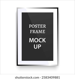 Grey poster with black frame mockup on white wall with shadow. Framed picture template. Photoframe mockup. Vertical boarder. Design for prints poster. Vector  illustration