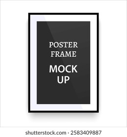 Grey poster with black frame mockup on white wall with shadow. Framed picture template. Photoframe mockup. Vertical boarder. Design for prints poster. Vector  illustration