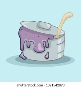 Grey pot with purple porridge out. Cartoon pan with ladle - useful for every kitchen. EPS10 vector illustration