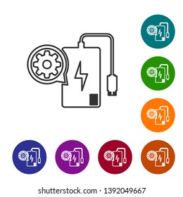 Grey Power bank with charge cable and gear line icon on white background. Adjusting app, service concept, setting options, maintenance, repair. Set icon in color circle buttons. Vector Illustration