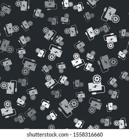 Grey Power bank with charge cable and gear icon isolated seamless pattern on black background. Adjusting app, service concept, setting options, maintenance, repair.  Vector Illustration