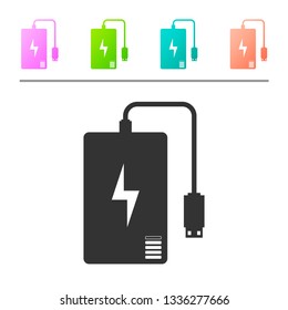 Grey Power bank with different charge cable icon isolated on white background. Portable charging device. Set icon in color buttons. Vector Illustration