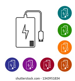 Grey Power bank with different charge cable line icon isolated on white background. Portable charging device. Vector Illustration