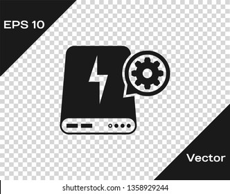 Grey Power bank and gear icon isolated on transparent background. Adjusting app, service concept, setting options, maintenance, repair, fixing. Vector Illustration