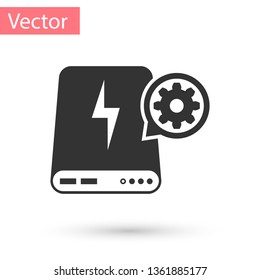 Grey Power bank and gear icon isolated on white background. Adjusting app, service concept, setting options, maintenance, repair, fixing. Vector Illustration
