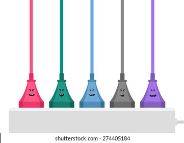 Grey power strip and colored cables. Funny faces on power plugs. Stylized drawing.