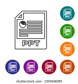 Grey PPT file document icon. Download ppt button line icon isolated on white background. PPT file presentation. Set icon in color circle buttons. Vector Illustration