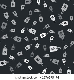 Grey Price tag with dollar icon isolated seamless pattern on black background. Badge for price. Sale with dollar symbol. Promo tag discount.  Vector Illustration