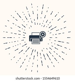 Grey Printer and gear icon isolated on beige background. Adjusting app, service concept, setting options, maintenance, repair, fixing. Abstract circle random dots. Vector Illustration