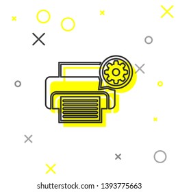Grey Printer and gear line icon isolated on white background. Adjusting app, service concept, setting options, maintenance, repair, fixing. Vector Illustration