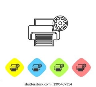Grey Printer and gear line icon on white background. Adjusting app, service concept, setting options, maintenance, repair, fixing. Set icon in color rhombus buttons. Vector Illustration