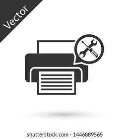 Grey Printer with screwdriver and wrench icon isolated on white background. Adjusting, service, setting, maintenance, repair, fixing.  Vector Illustration