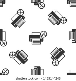 Grey Printer with screwdriver and wrench icon isolated seamless pattern on white background. Adjusting, service, setting, maintenance, repair, fixing.  Vector Illustration