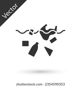 Grey The problem of pollution of the ocean icon isolated on white background. The garbage, plastic, bags on the sea.  Vector Illustration